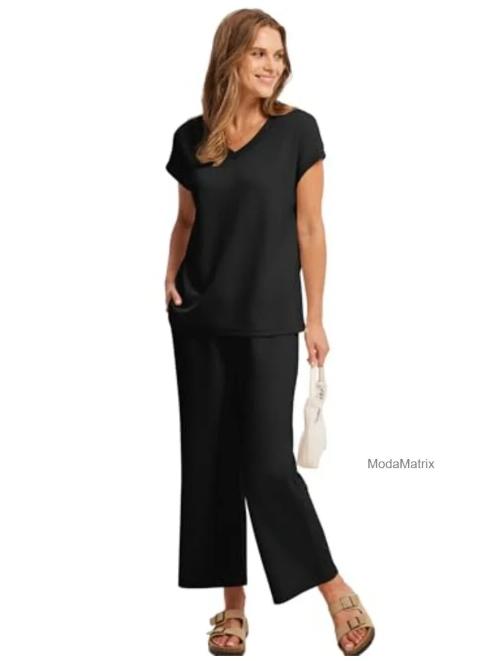 Two Piece Lounge Set V Neck Cap Sleeve Top Wide Leg Pants 4-Way Stretch